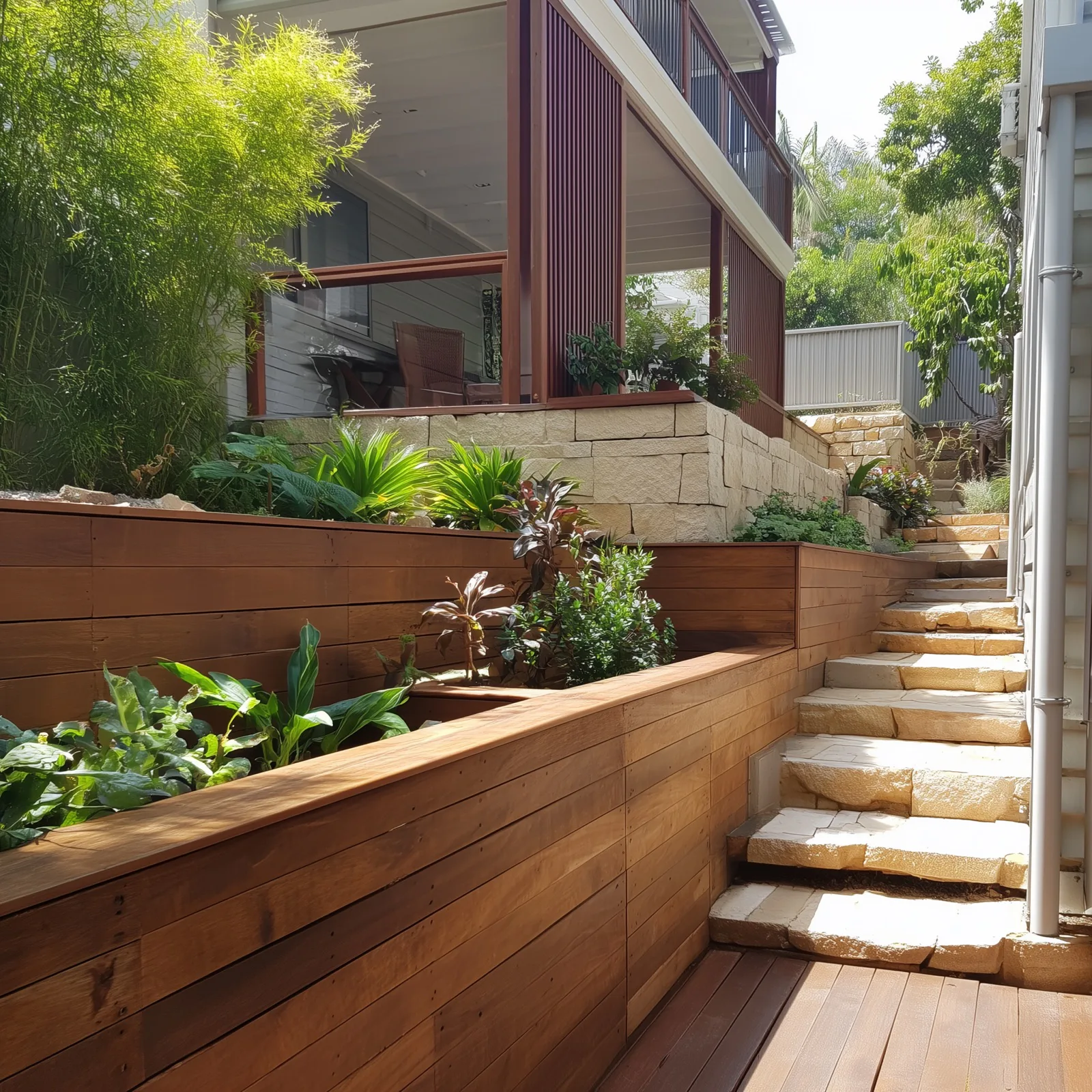 Concrete sleeper retaining wall creating a clean level change in a Brisbane garden