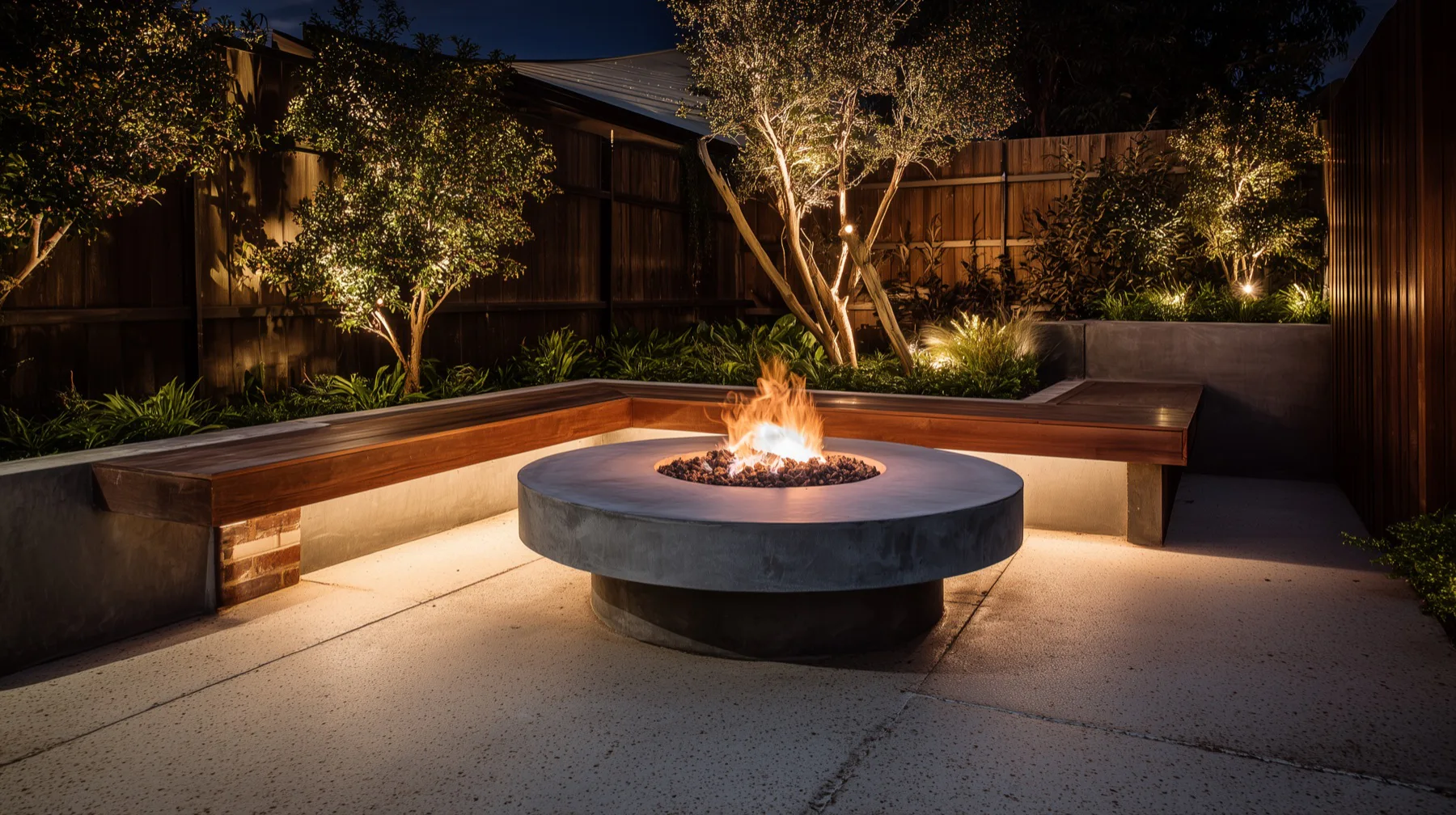 Outdoor entertaining area with an illuminated concrete fire feature in Brisbane