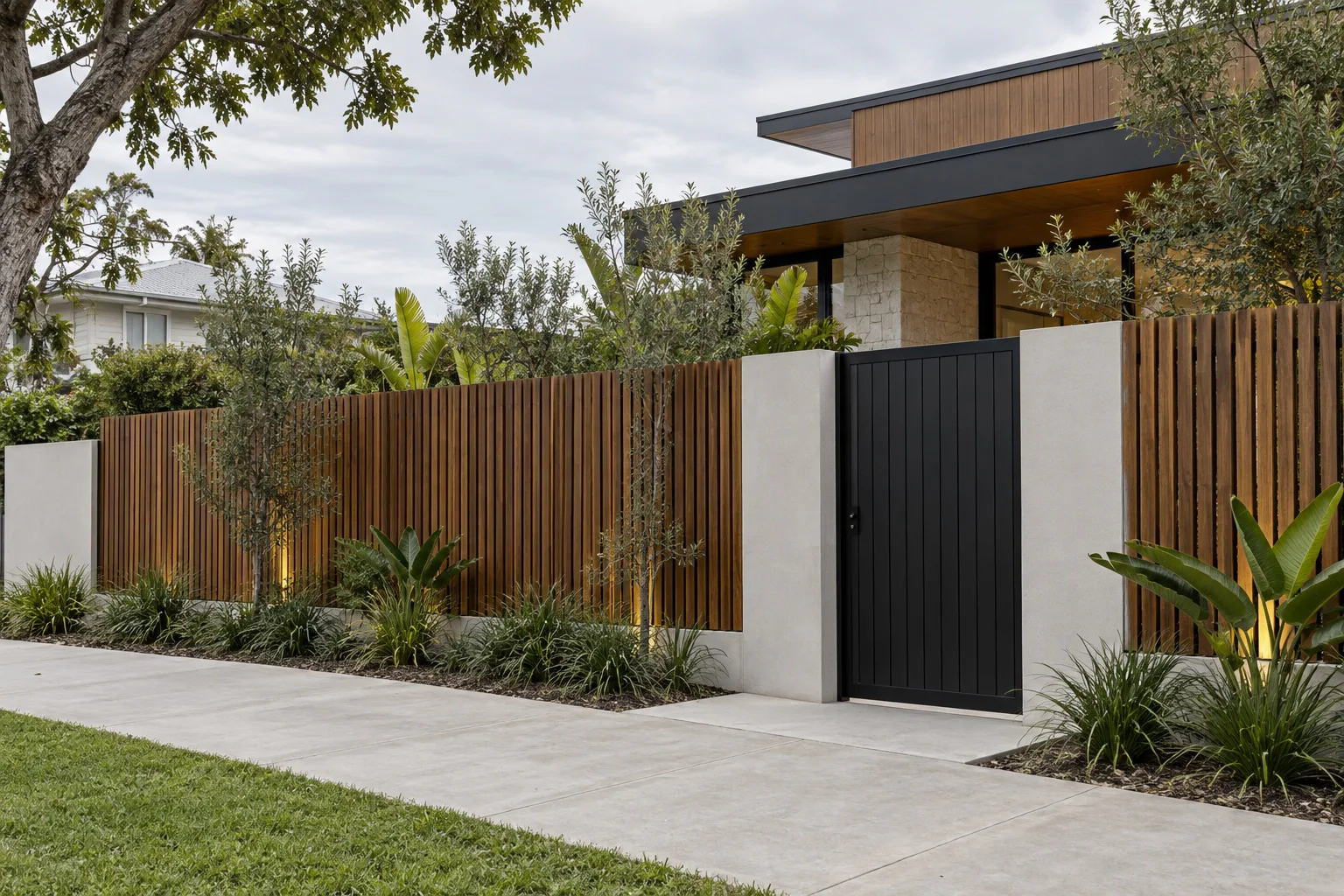 Hardwood timber batten fence with a black pedestrian gate at a Brisbane home